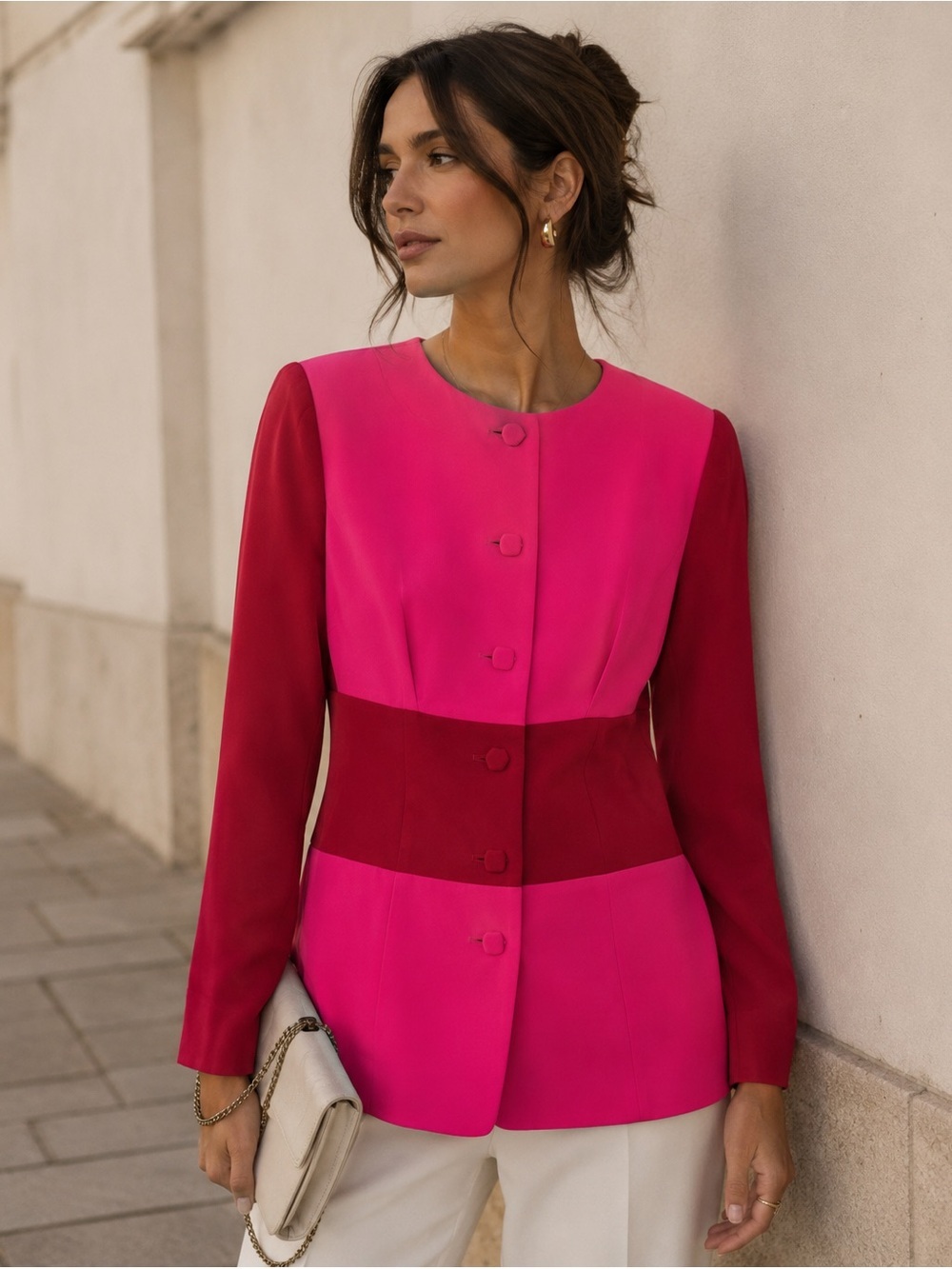 Vintage Dana Buchman Colorblock Silk Pink Red Blazer Jacket Size 6 Career Chic